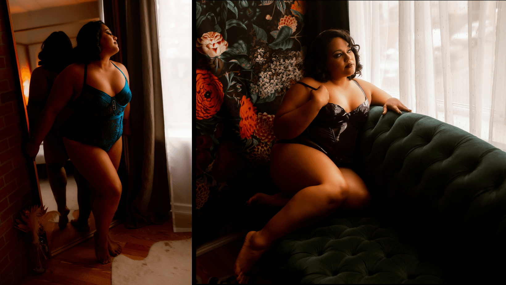 A woman in lingerie is standing next to a window and sitting on a bed.