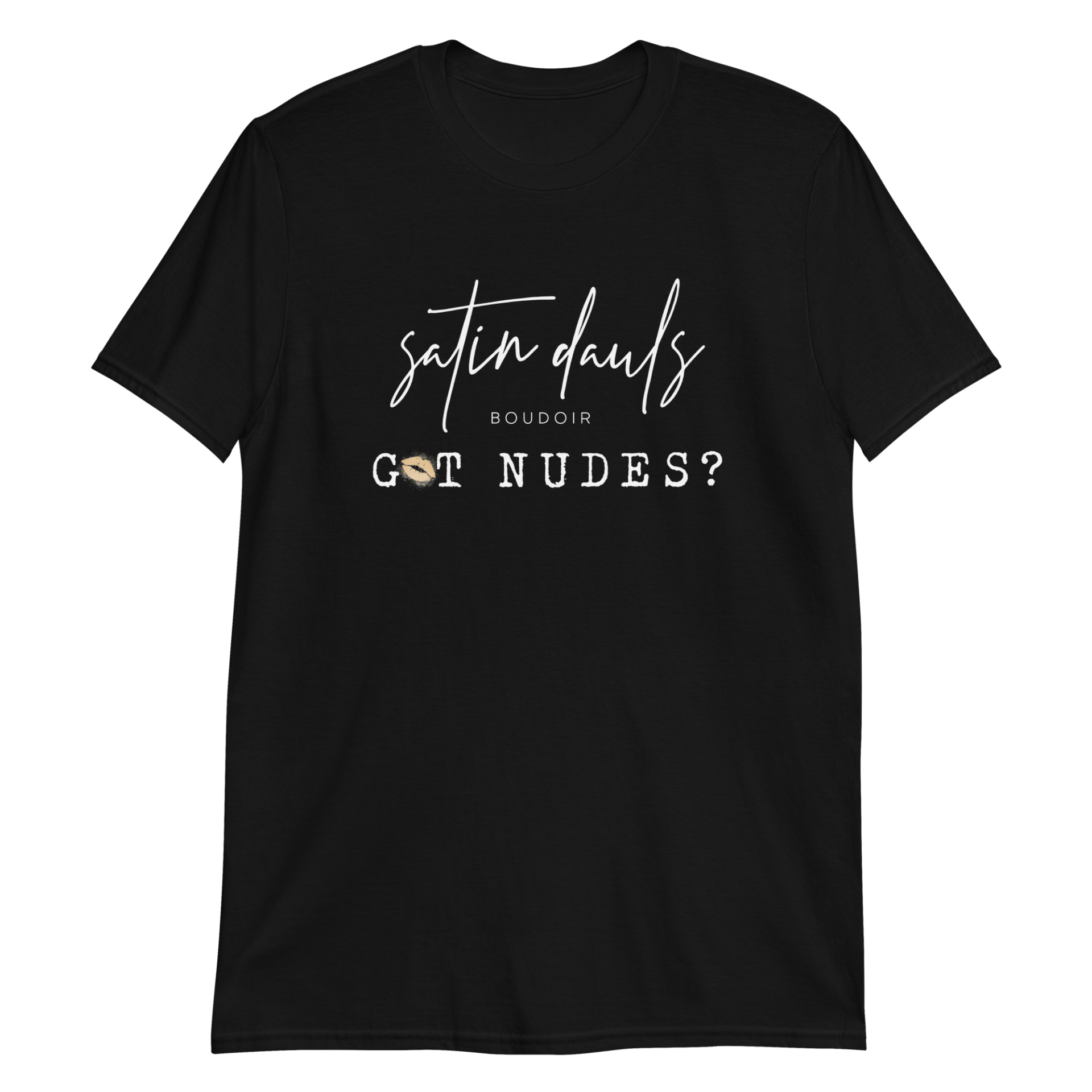 Black T-shirt with “got nudes?” graphic text in white and gold