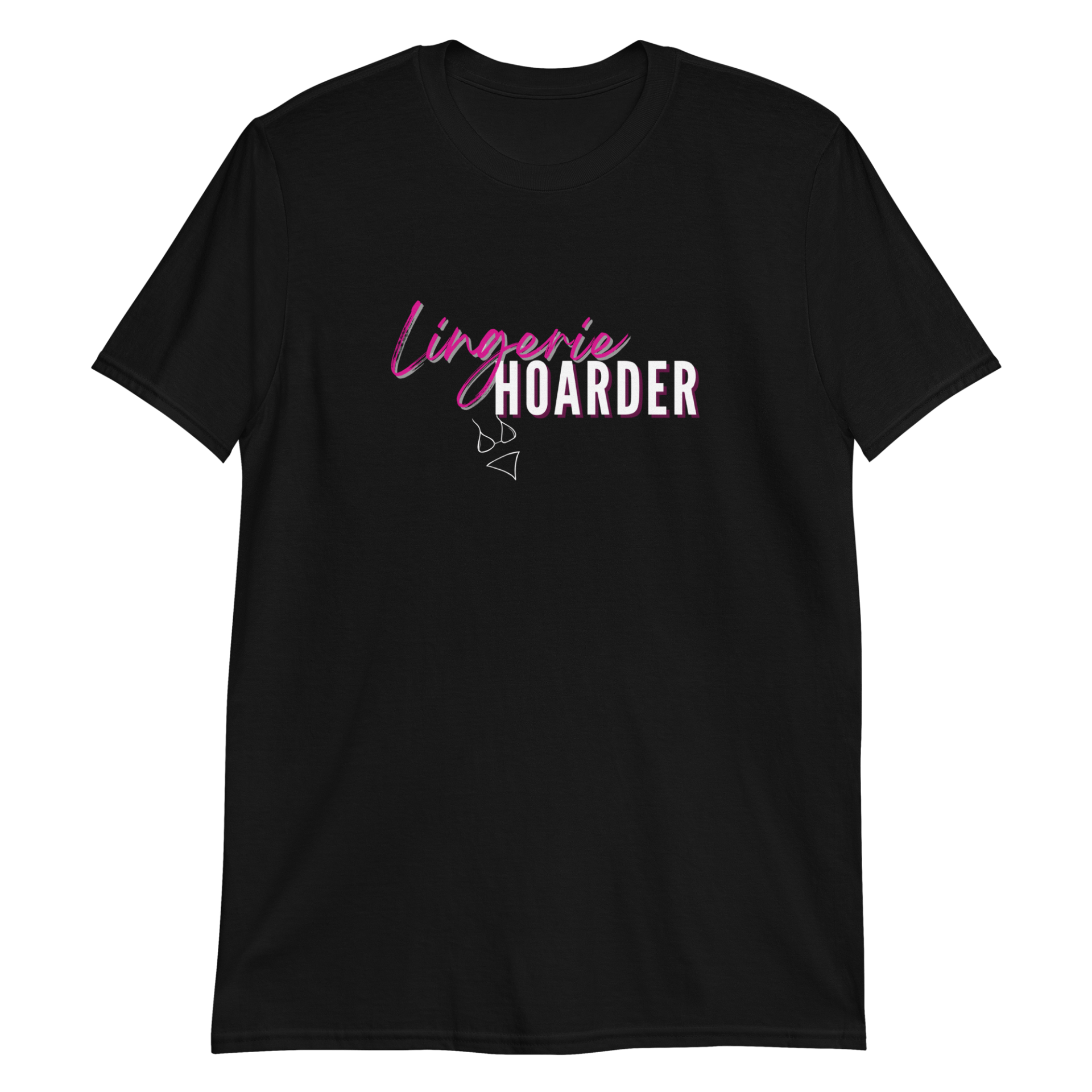 A black t-shirt that says lingerie hoarder on it