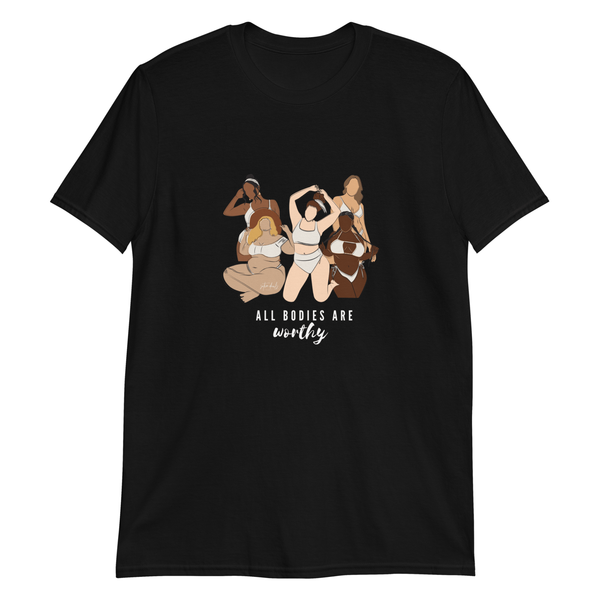 A black t-shirt that says all bodies are worthy