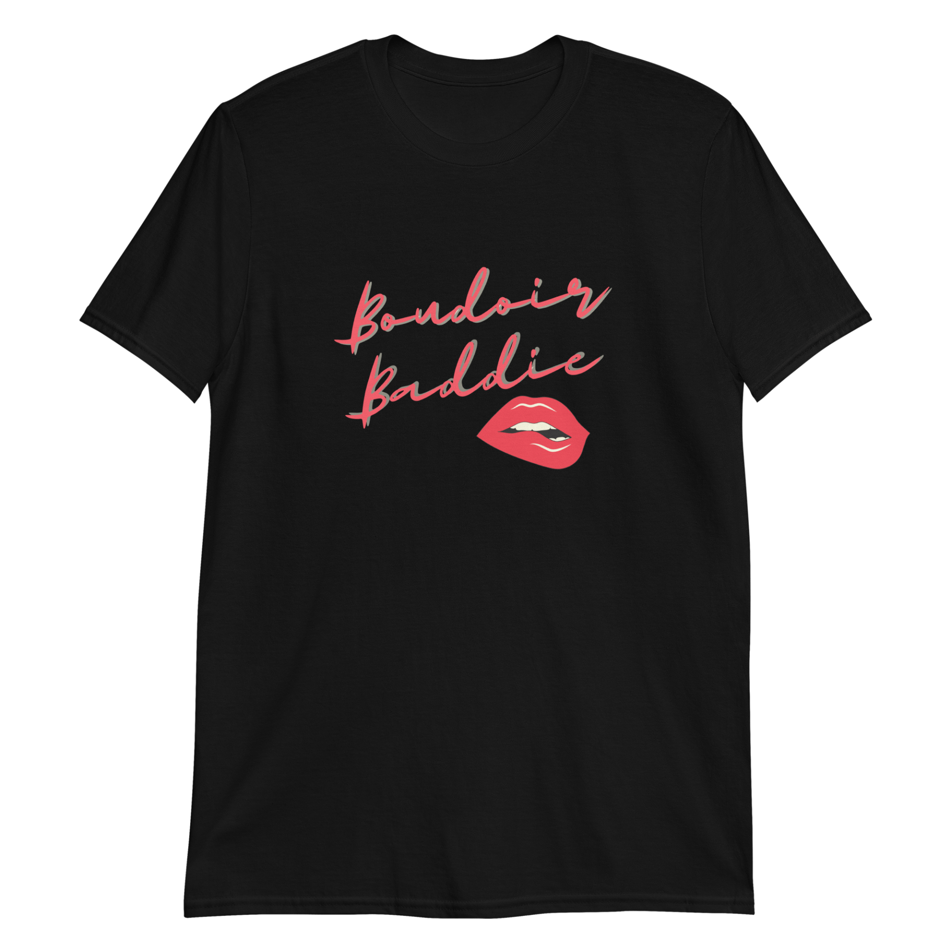 A black t-shirt with red lips that says boudoir baddie