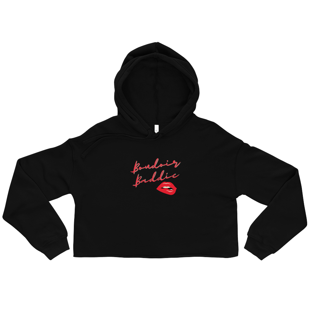 A black crop top hoodie with red lips on it