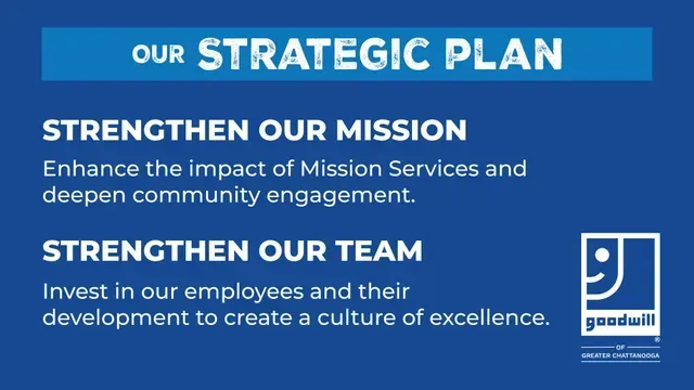 A blue sign that says our strategic plan