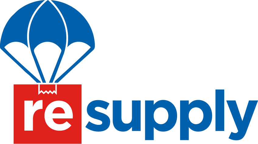 Logotipo de ReSupply con icono de paracaídas azul y texto rojo y azul