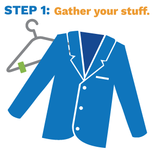 A blue jacket is hanging on a hanger next to the words step 1 gather your stuff