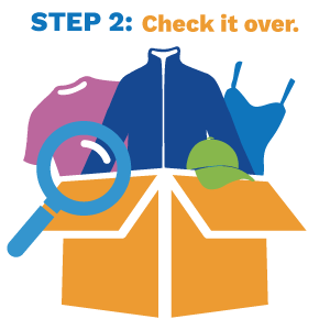 A box filled with clothes and a magnifying glass says step 2 check it over