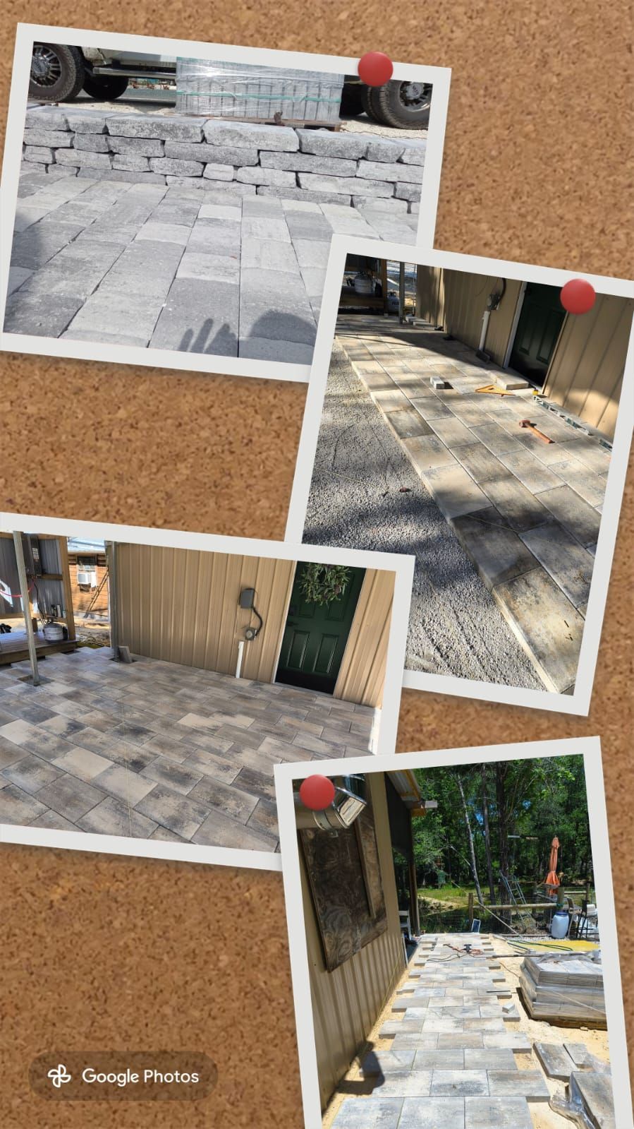 Collage of outdoor stone walkways and paving work at a garden or patio area