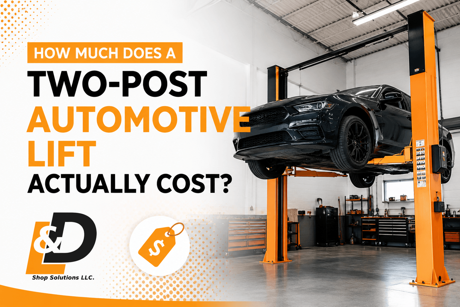 Two-post automotive lift holding a black sports car in a garage, with text asking “How much does it cost?”