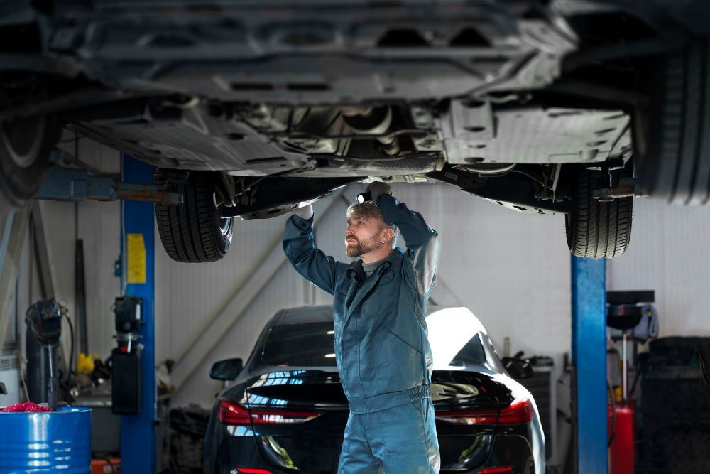 Mechanic in blue jumpsuit inspecting underside of car on a lift in a garage.