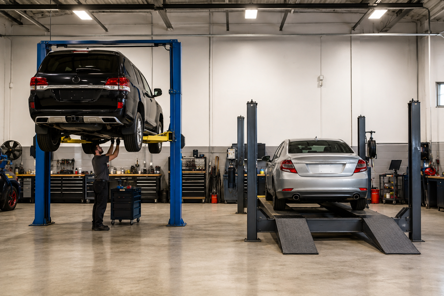 Auto repair shop with two cars on lifts, one black SUV and one silver sedan on a ramp.