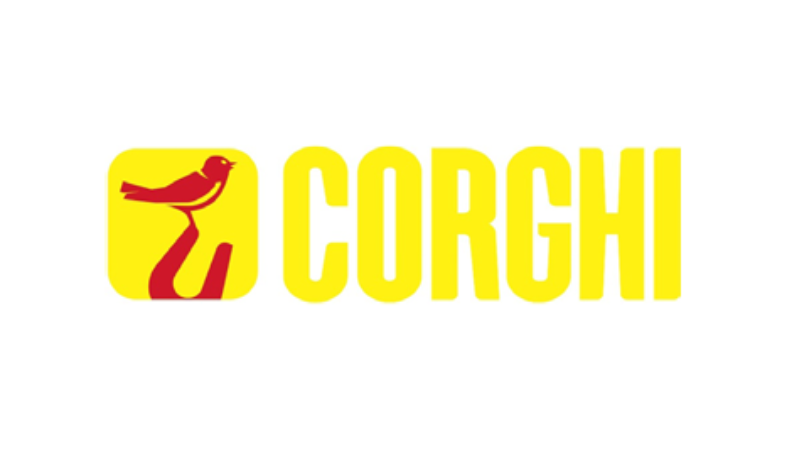 A yellow and red logo for corghi with a bird on it