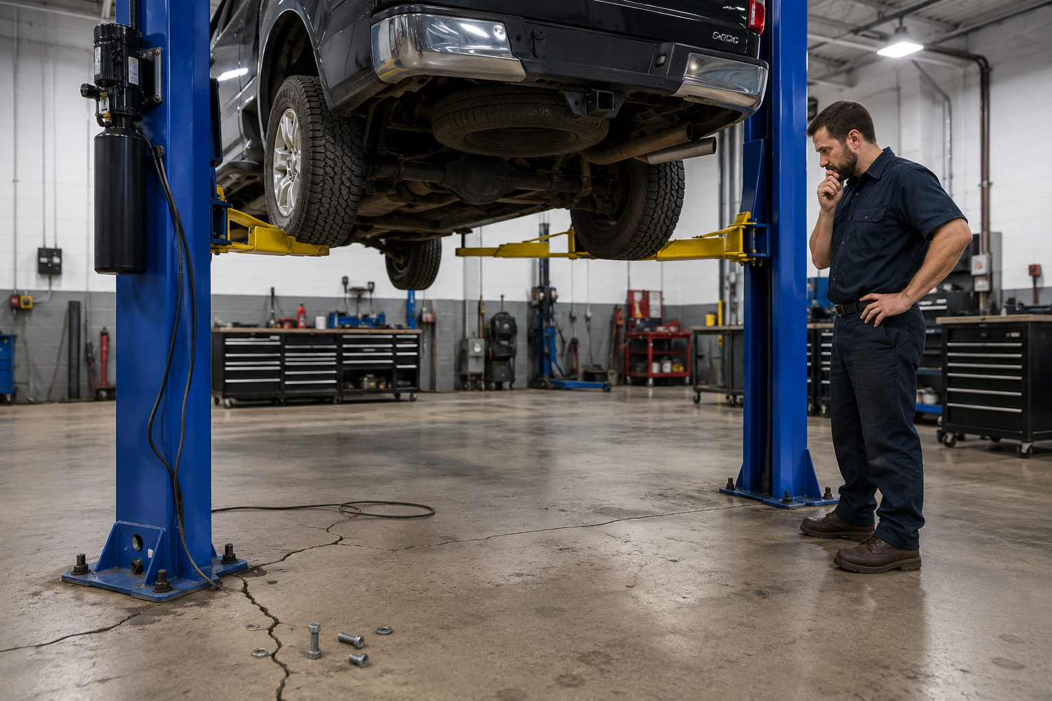 Car raised on a blue auto lift in a mechanic’s garage, with a man inspecting it nearby.