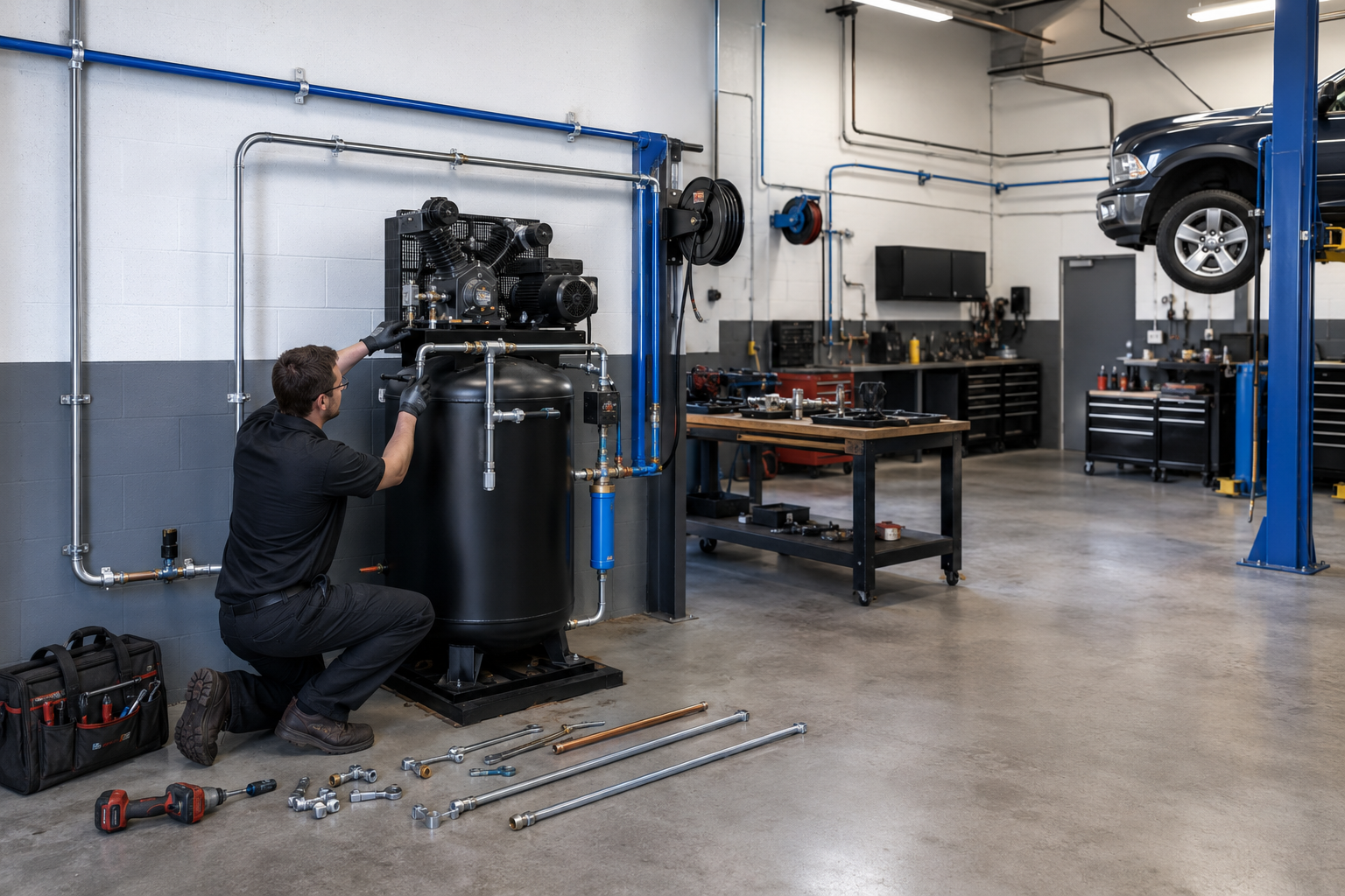 Mechanic kneels beside engine on a large machine in an auto repair shop, with a car lifted nearby.