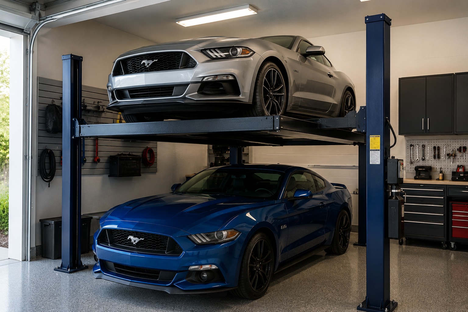 Two sports cars parked in a garage, one silver on a lift above a blue one.