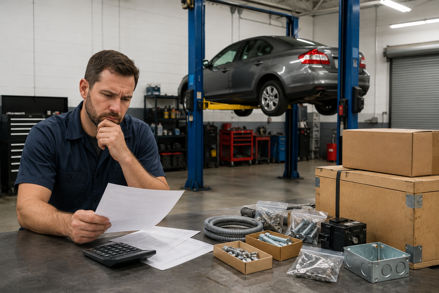 Mechanic reviewing paperwork in auto shop with car on lift and parts laid out on workbench