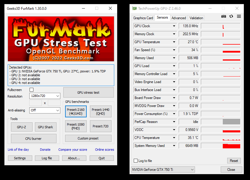 Twee screenshots van furmark gpu stresstest opengl benchmark