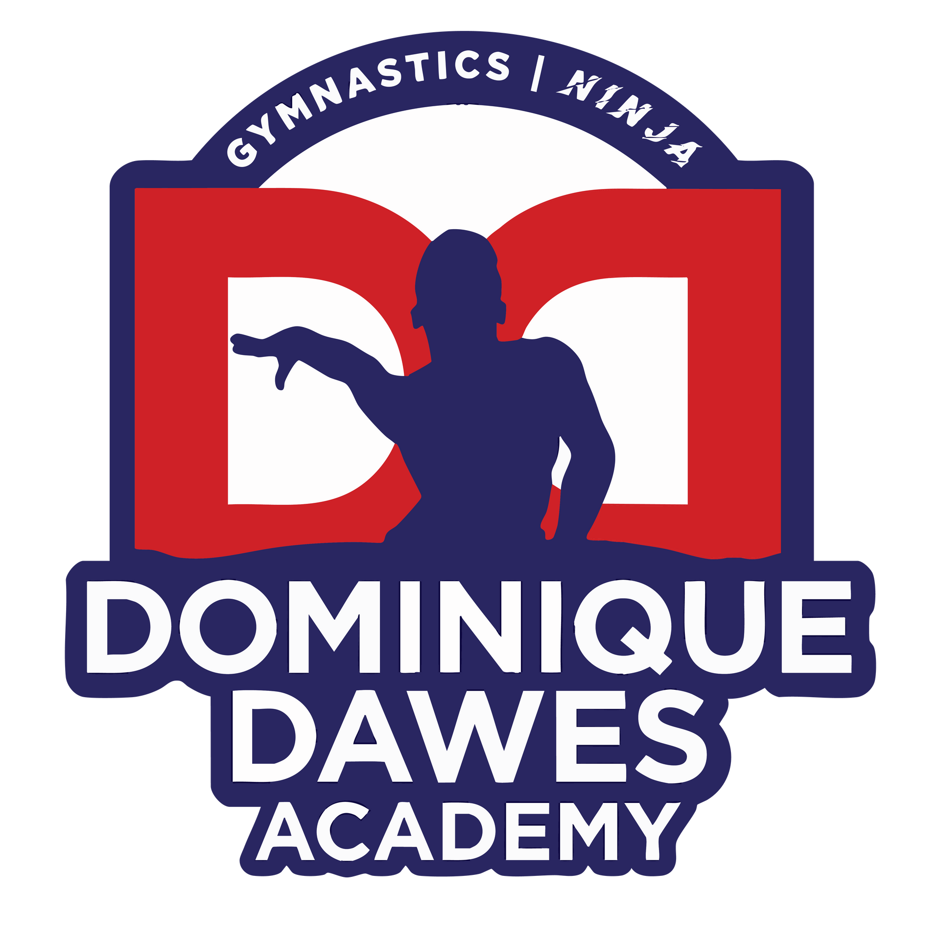 Logo for Dominique Dawes Academy with a gymnast silhouette inside a red 