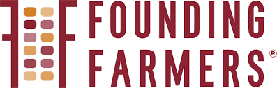 A dark red logo for Founding Farmers with two stylized 