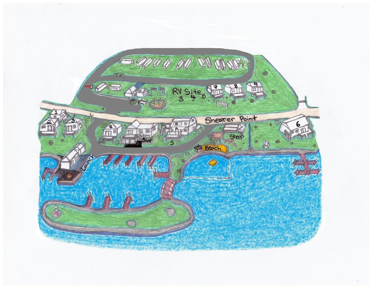 Hand-drawn aerial map of a waterfront neighborhood with roads, houses, green hills, and blue water