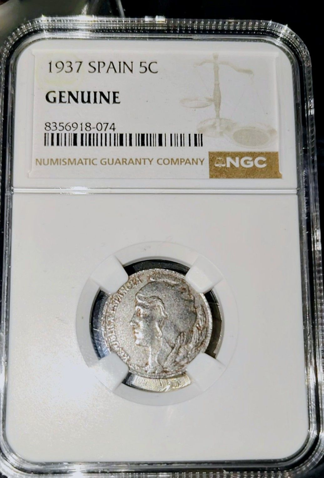 1937 SPAIN 5C GENUINE 8356918-074 NUMISMATIC GUARANTY COMPANY INGC