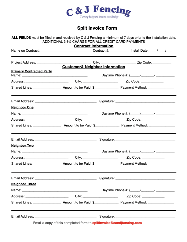 Split Invoice Form C&J Fencing
