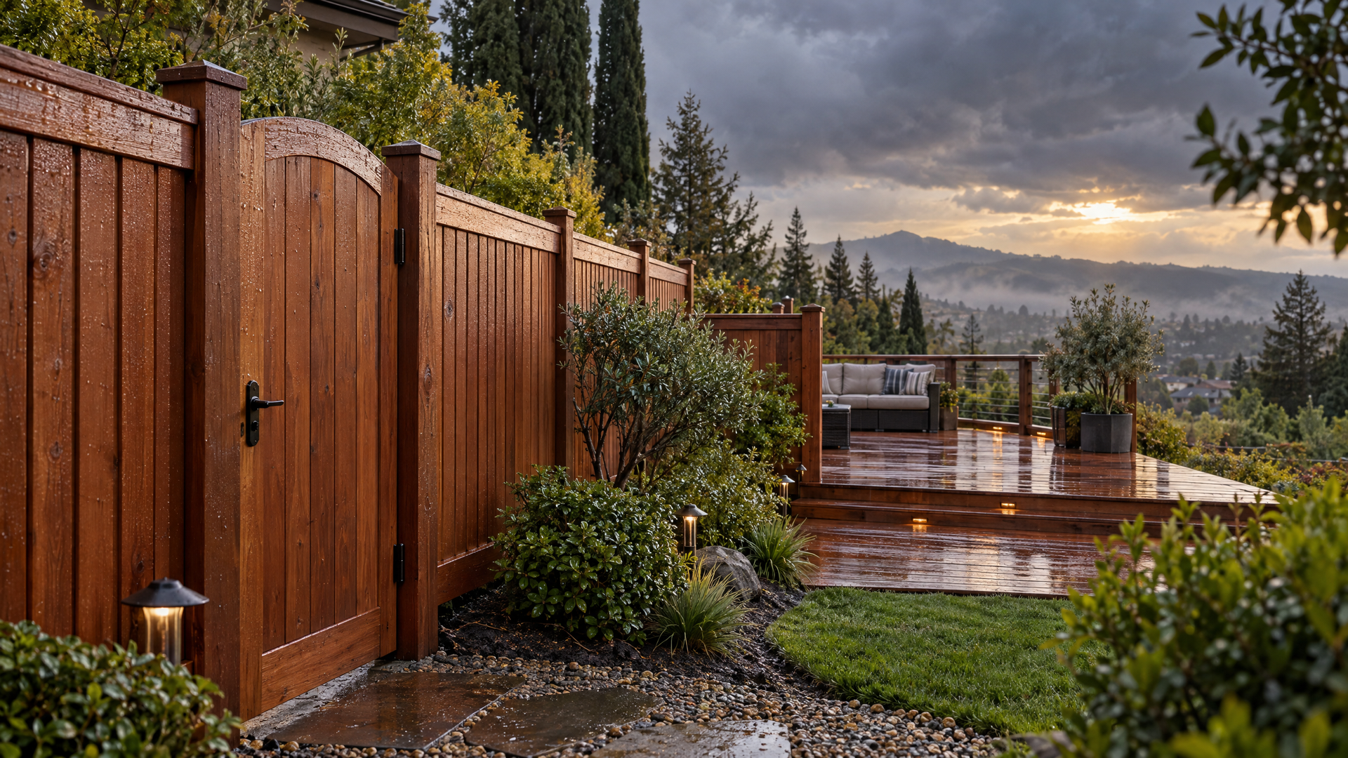 Wooden privacy fence along a landscaped patio with mountains under a cloudy sunset sky
