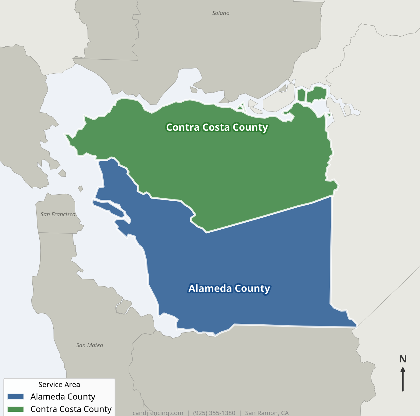 Map indicating service area - Alameda County, CA and Contra Costa County, CA