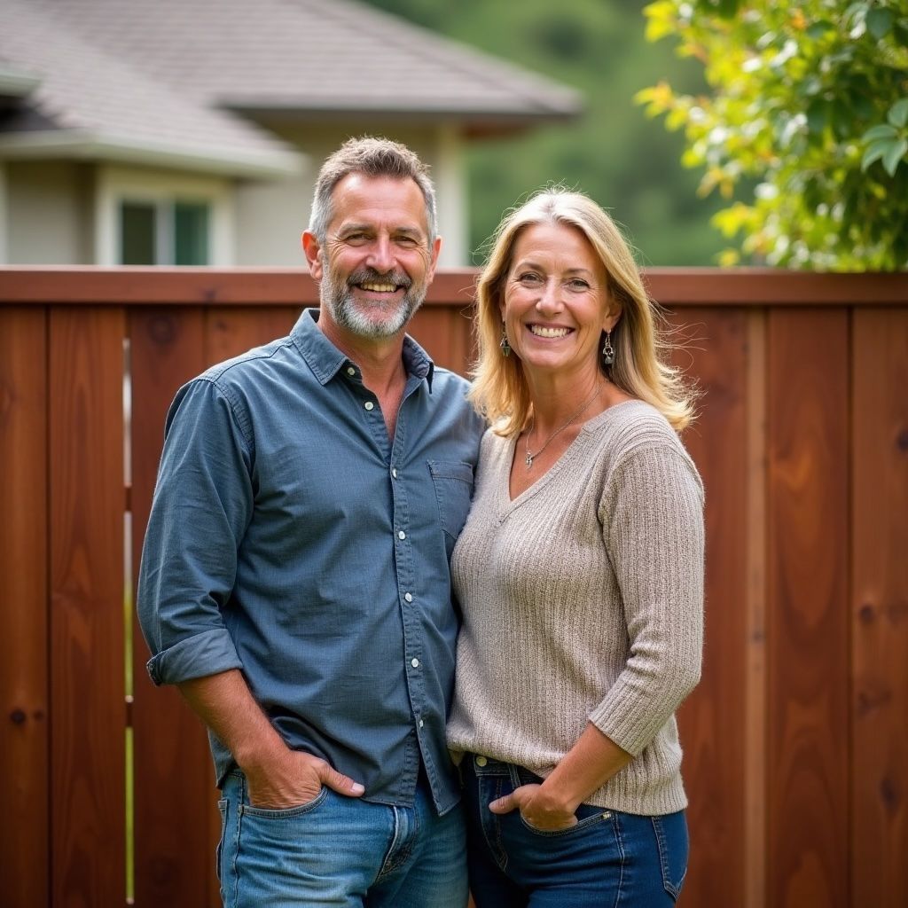 Happy couple next to new fence installed by fence contractor near me