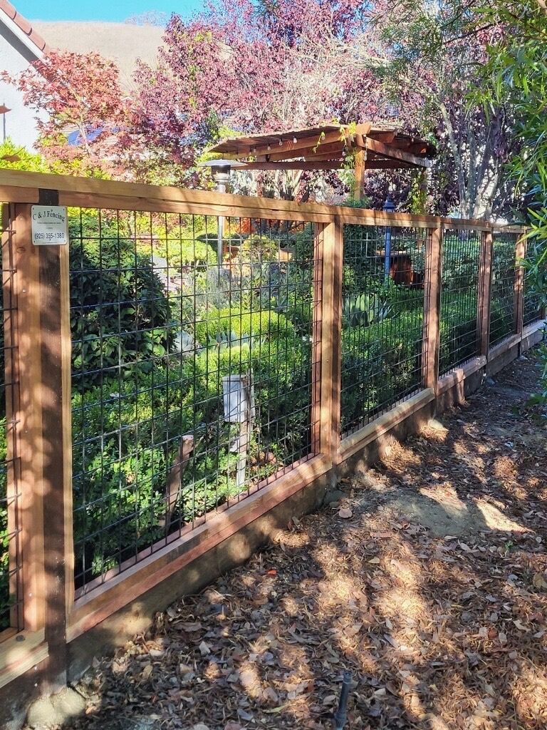 Wooden fence with metal grid sections, in a backyard. Arbor is attached at the top. Green foliage behind the fence.