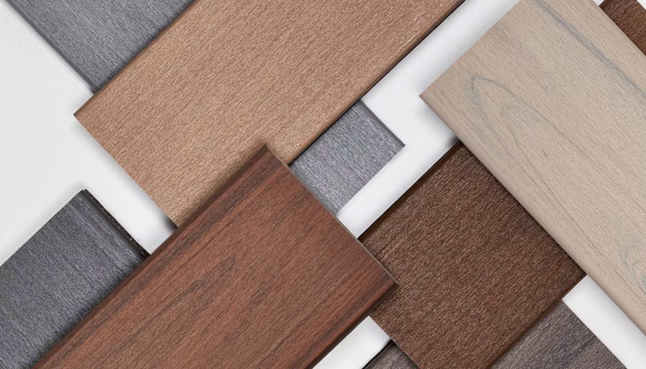 Photo showing a selection of Trex composite decking materials in various colors