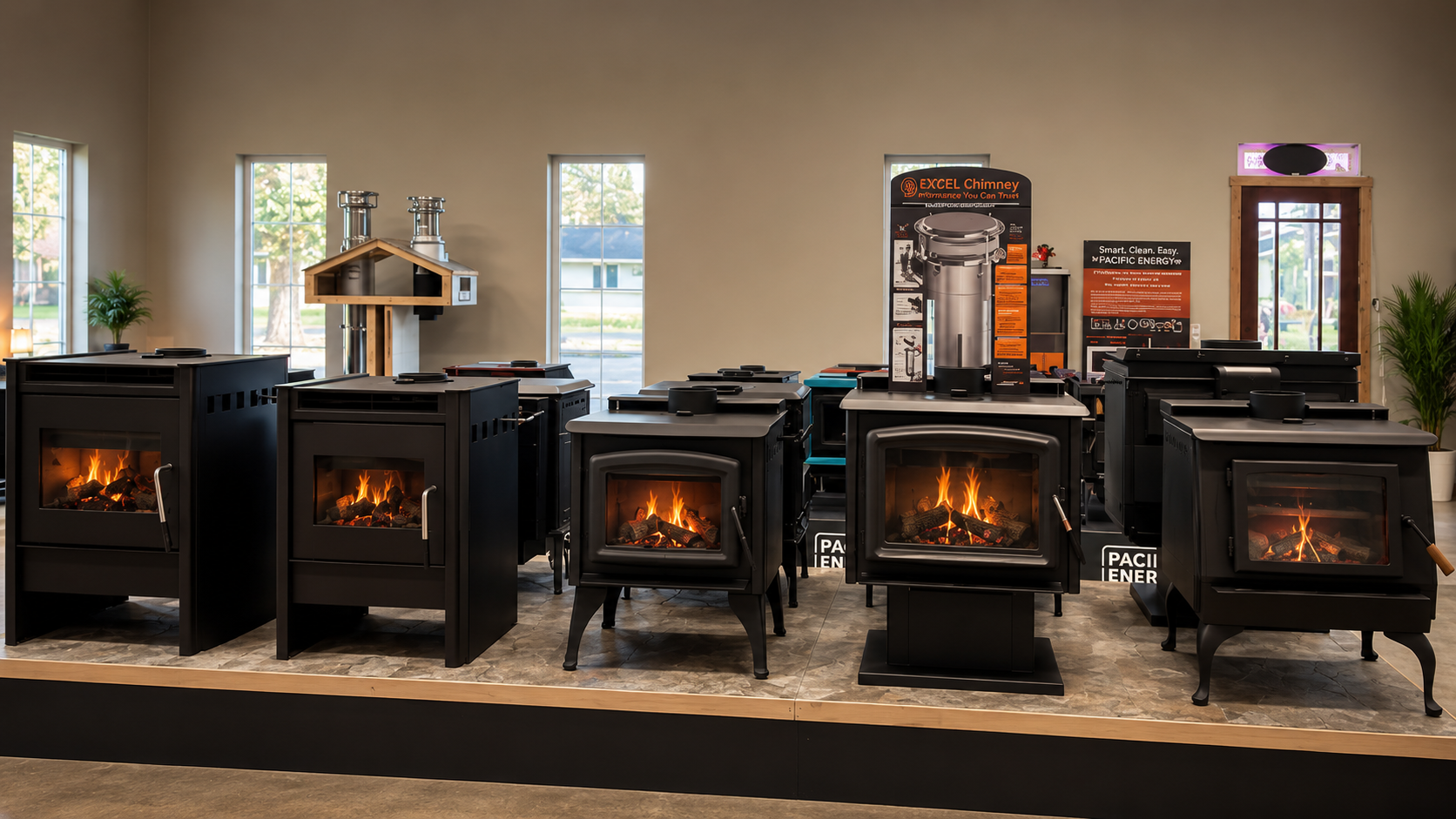 Wood-burning stoves on display in a showroom. Black metal stoves sit on a raised platform, under neutral lighting.