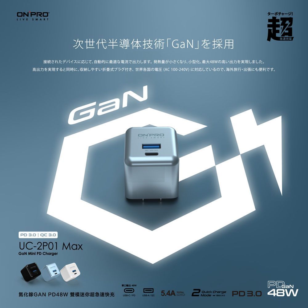 【ONPRO】UC-2P01 GAN 48W 第四代氮化鎵超急速充電器【Max版】 