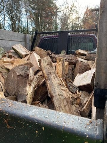 Truck bed filled with cut firewood.