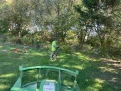 Person in green shirt using a trimmer in a grassy area with trees and a green machine in the foreground.