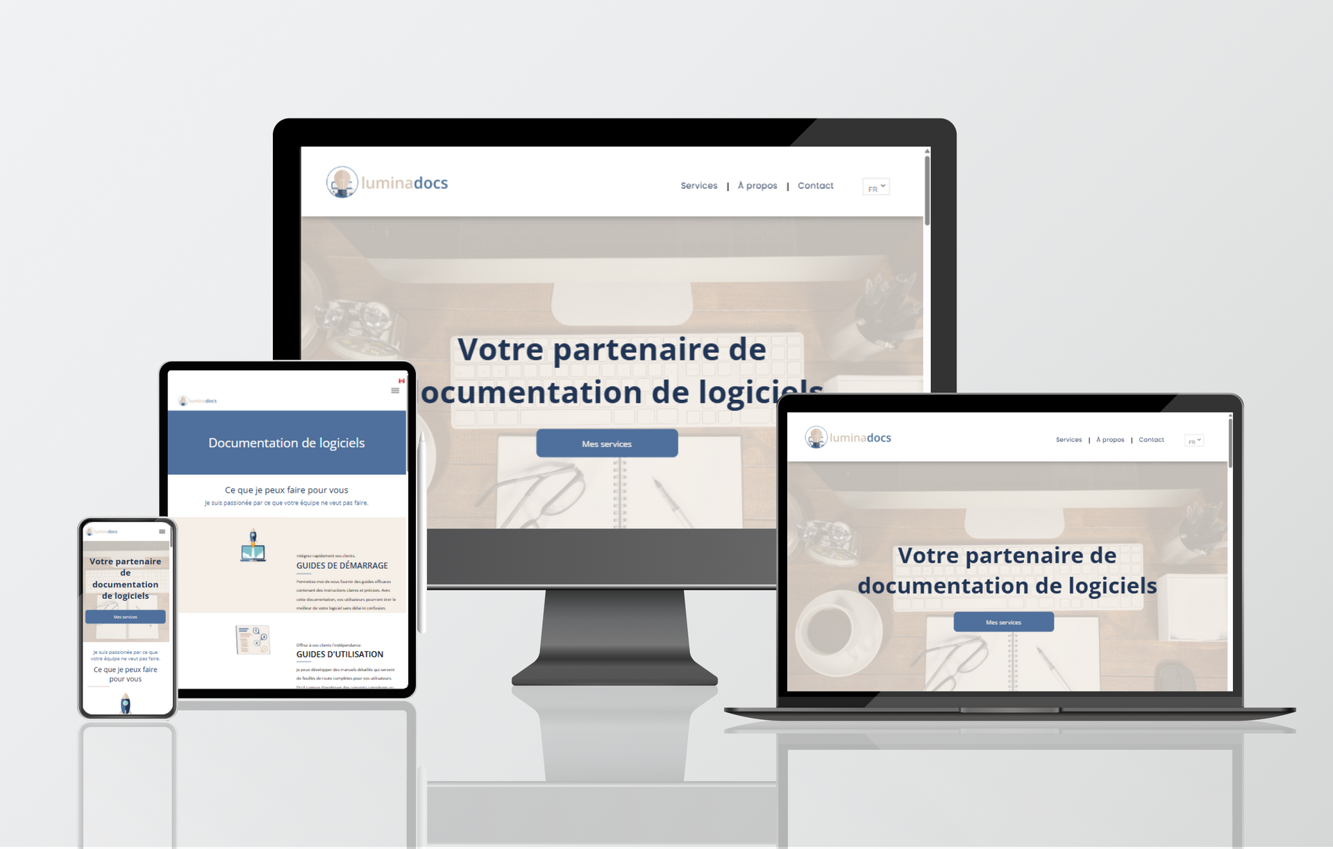 Un ordinateur, une tablette et un téléphone affichent le site de LuminaDocs