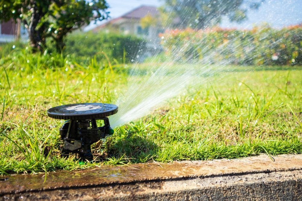 A Black Sprinkler Spraying Water Over a Green Lawn in A Suburban Yard — Ballina Turf Farm in Goonellabah, NSW