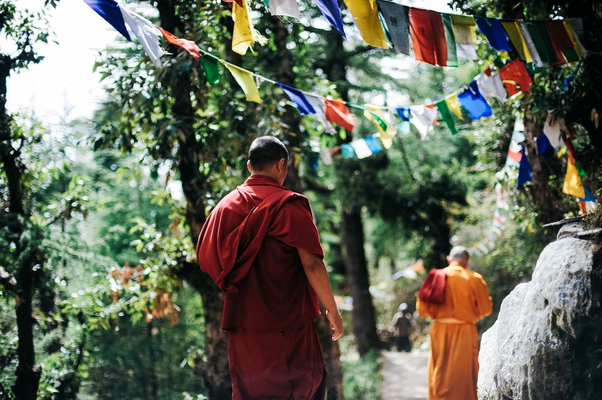 Two monks in red and orange robes walking under colorful prayer flags in a forest path