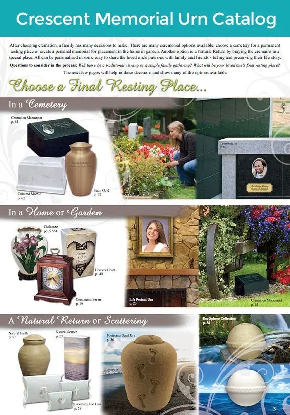 Crescent Memorial Urn Catalog brochure showing burial urns and memorial keepsake boxes in indoor and outdoor settings