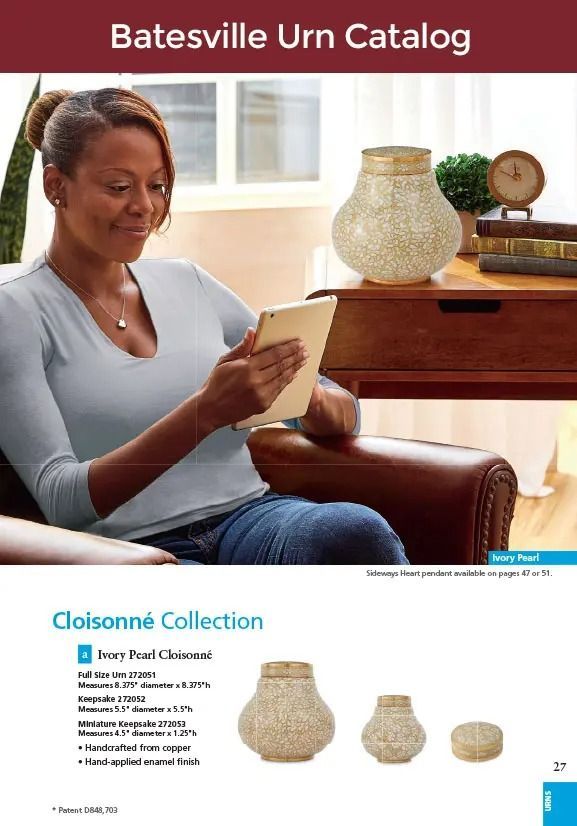 Batesville Urn Catalog cover with a woman reading beside decorative urns on a wooden table