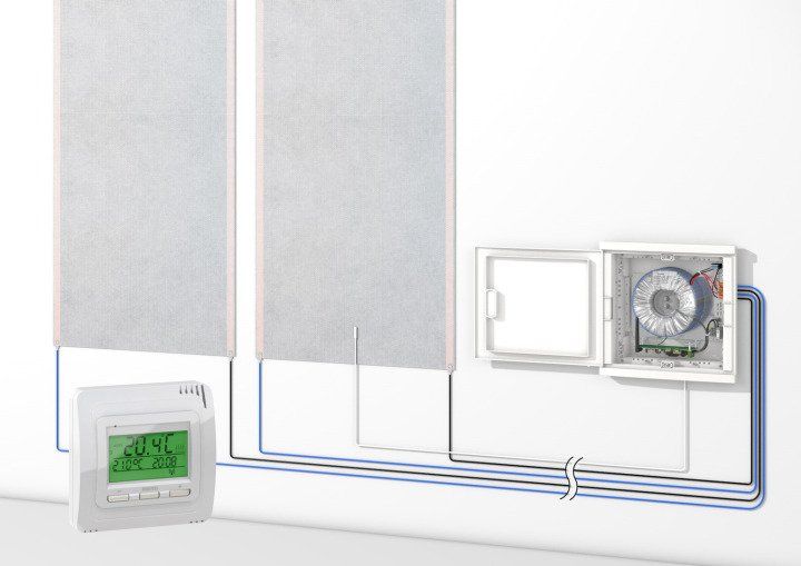 Pared blanca con cuadro eléctrico, dos calefactores verticales y termostato con display.