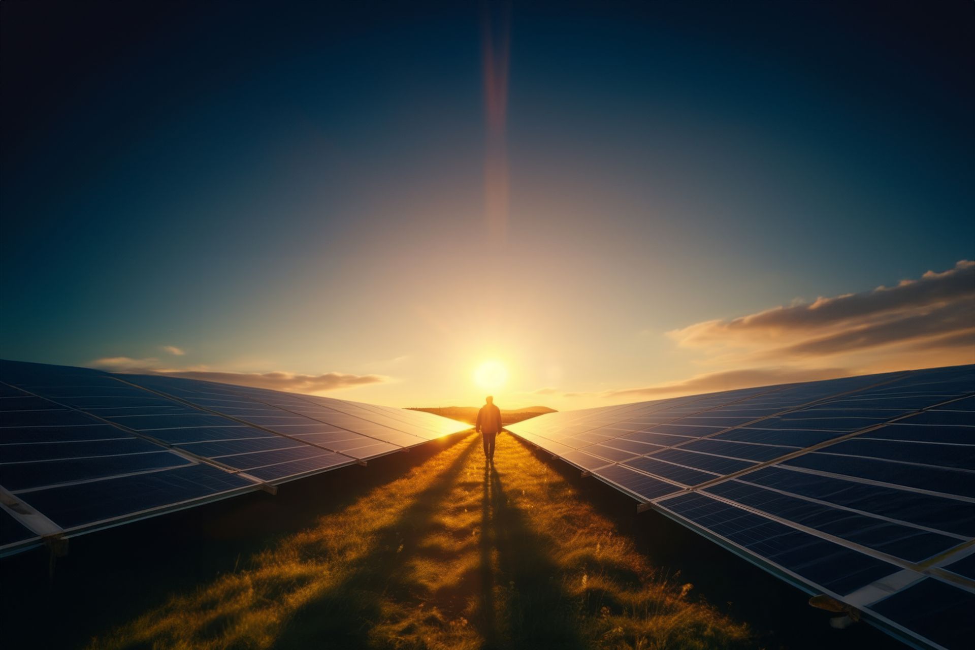 Eine Person steht zwischen Reihen von Solarzellen, die Arme zur untergehenden Sonne ausgestreckt.