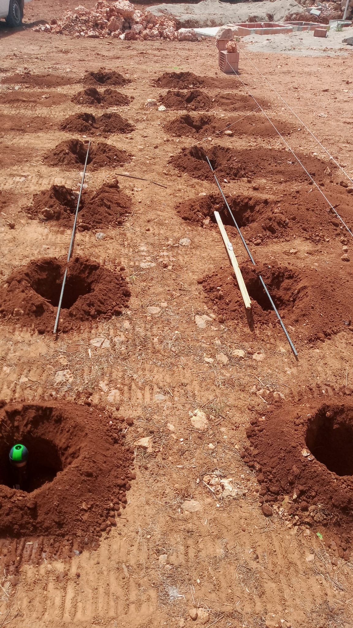 Hileras de agujeros excavados en tierra rojiza, con líneas de cuerda que marcan caminos rectos. Algunos agujeros contienen objetos.
