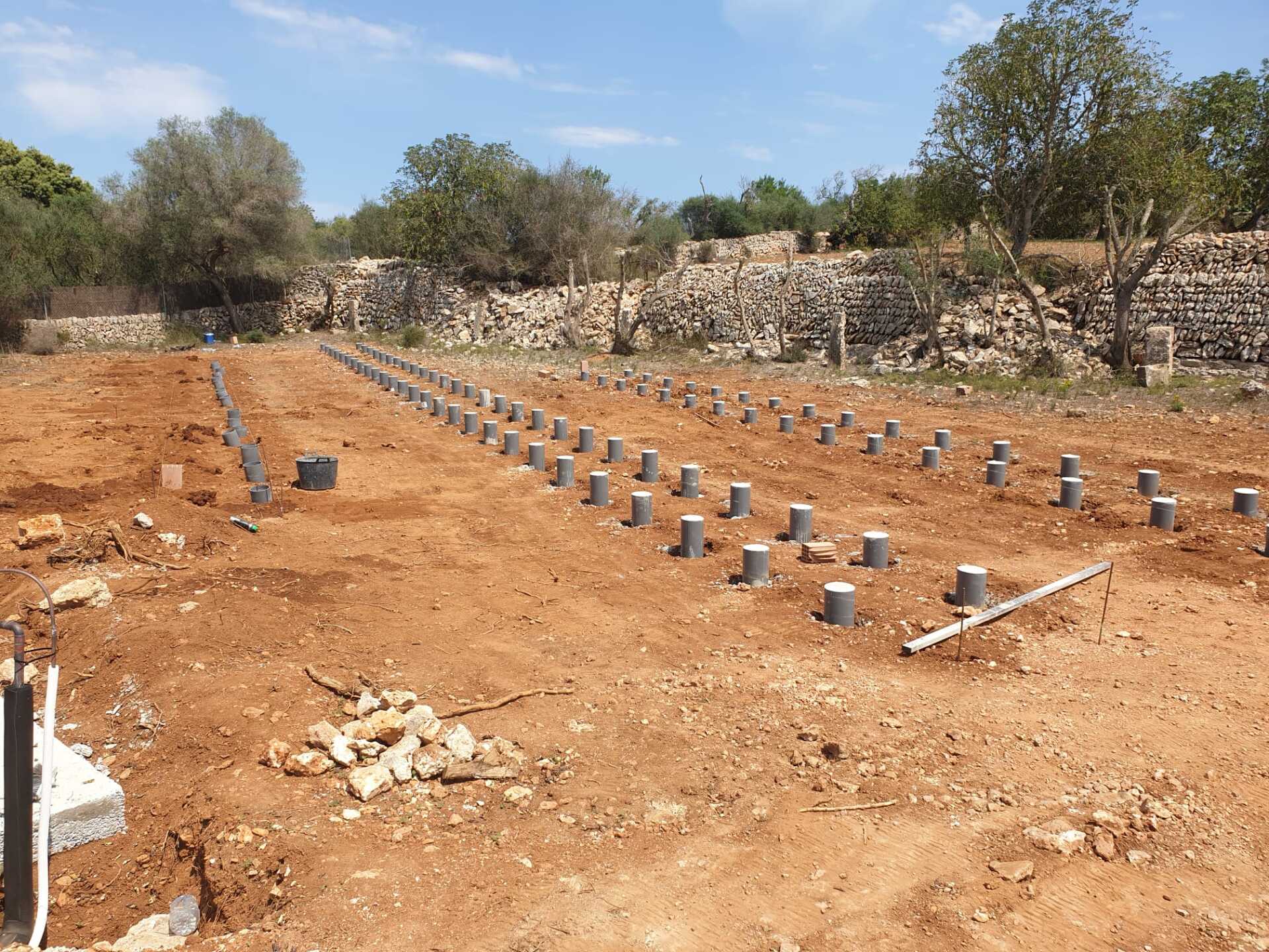 Hileras de pilotes de hormigón gris en un terreno de tierra, probablemente para los cimientos de un edificio. Día soleado con árboles y un muro de piedra al fondo.