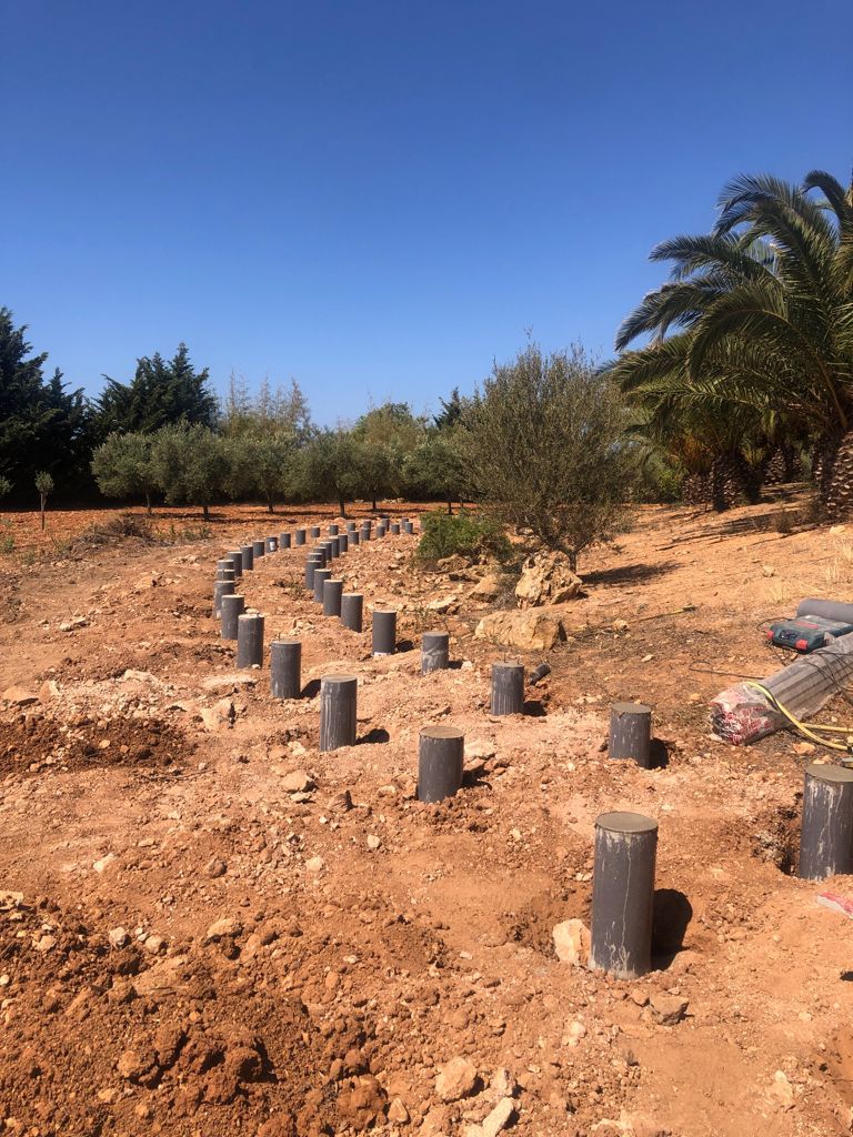 Filas de columnas cilíndricas de hormigón colocadas sobre tierra marrón, probablemente para construcción, bajo un cielo azul.