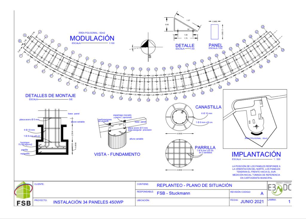 Plano arquitectónico: plano de estructura curva con detalles de módulo, pilares y cimentación.