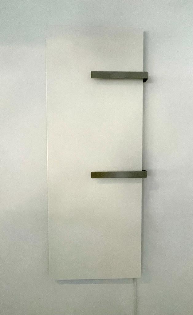 White rectangular wall-mounted towel warmer with two horizontal gray bars.