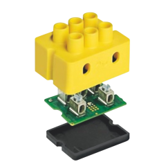 Conector eléctrico amarillo con componentes internos y base negra.