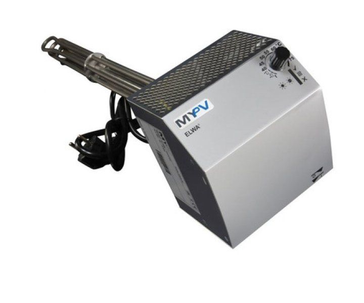 Calentador eléctrico plateado con dial de temperatura, cable de alimentación y elemento calefactor metálico.