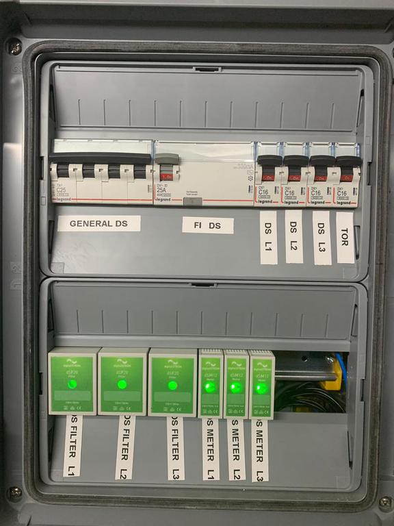 Electrical panel with circuit breakers and energy meters, labels and green lights visible.