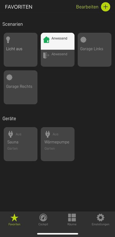 A mobile app interface displaying home automation controls with scenarios and devices. Dark background with green accents.